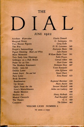 Item #22763 THE DIAL, JUNE 1922. (Volume LXXII Number 6). D. H. Lawrence, Marianne Moore, William...